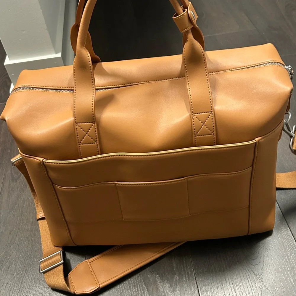 Elegant Tan Vegan Leather Laptop Tech and Travel Metro Duffle Bag